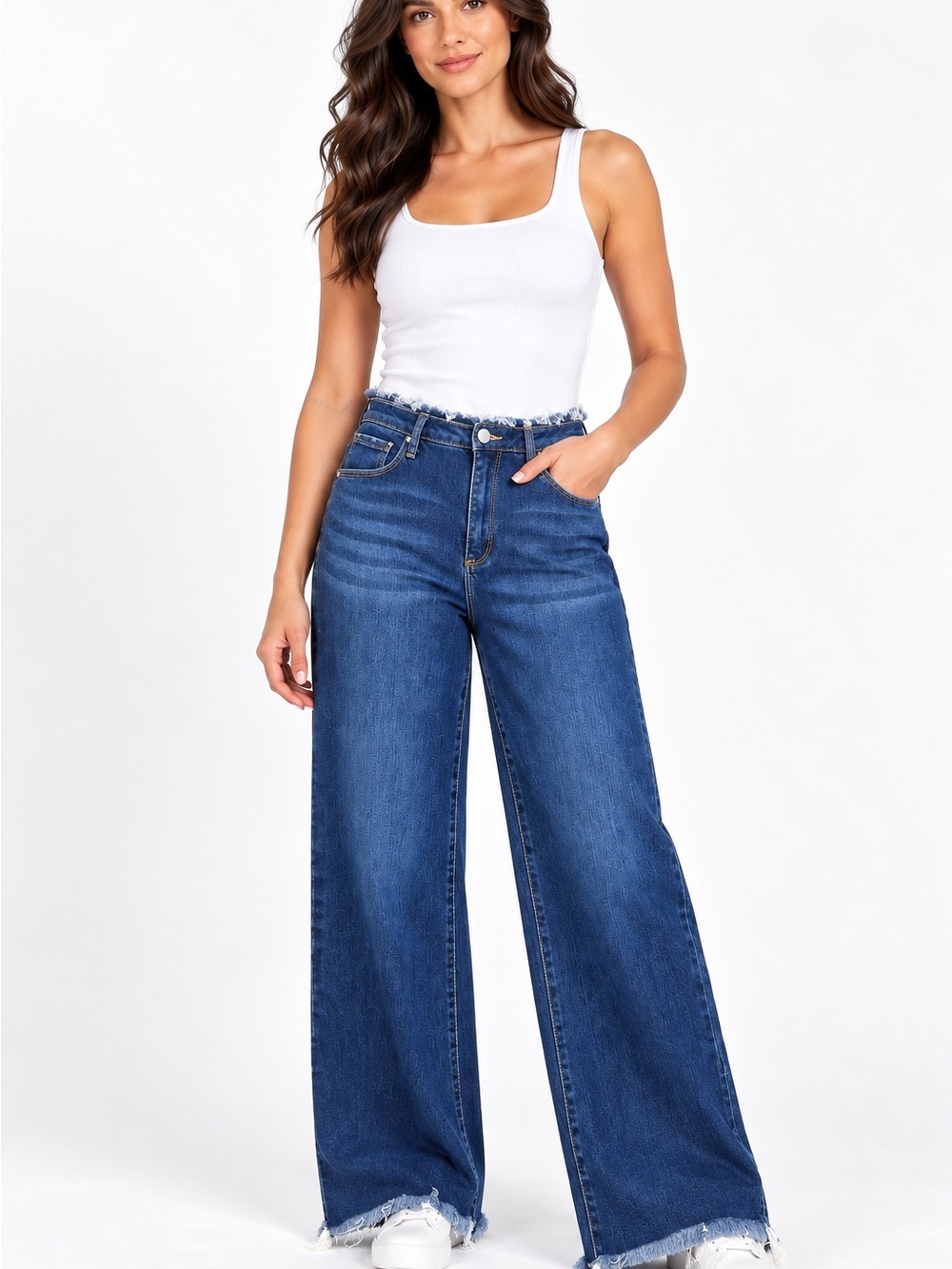 Denim by Laura Size 11/30 High Rise Wide Leg Jeans Raw Hem Blue